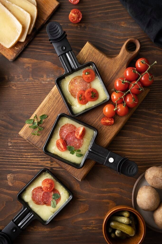 a pan of food on a cutting board