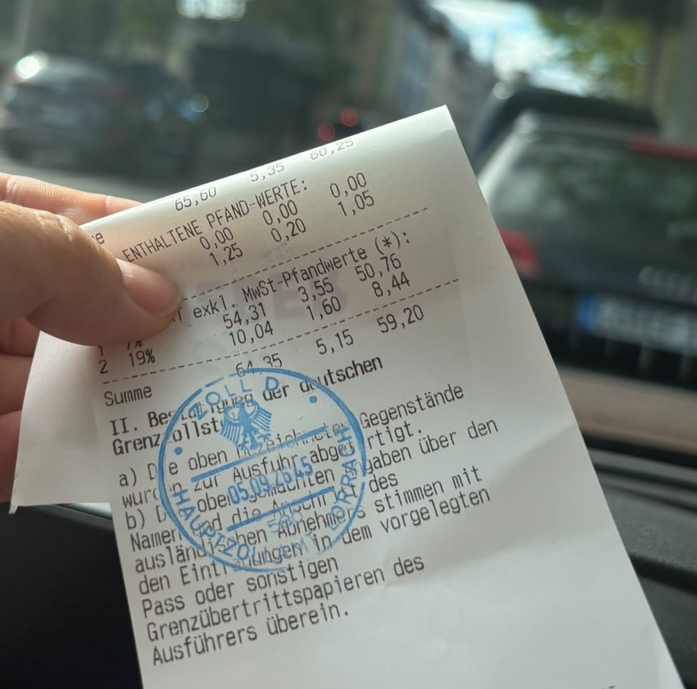 Comprovante de exportação carimbado pelo Zoll alemão após compra na Alemanha